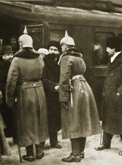 Trotsky and Russian Delegates Welcomed by German Officers at Brest-Litovsk, December 1917 by Russian Photographer